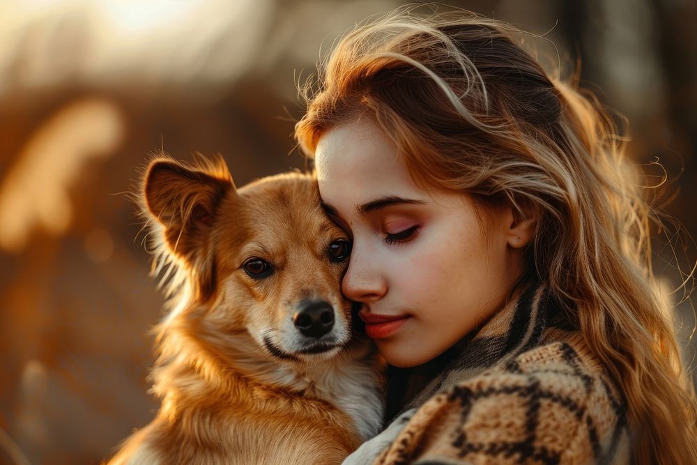 Woman cuddling a dog portrait mammal animal.