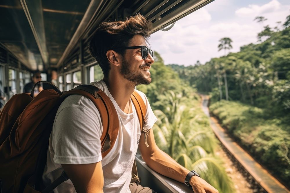 A young man traveling in Thailand on local trains adult tranquility backpacking.