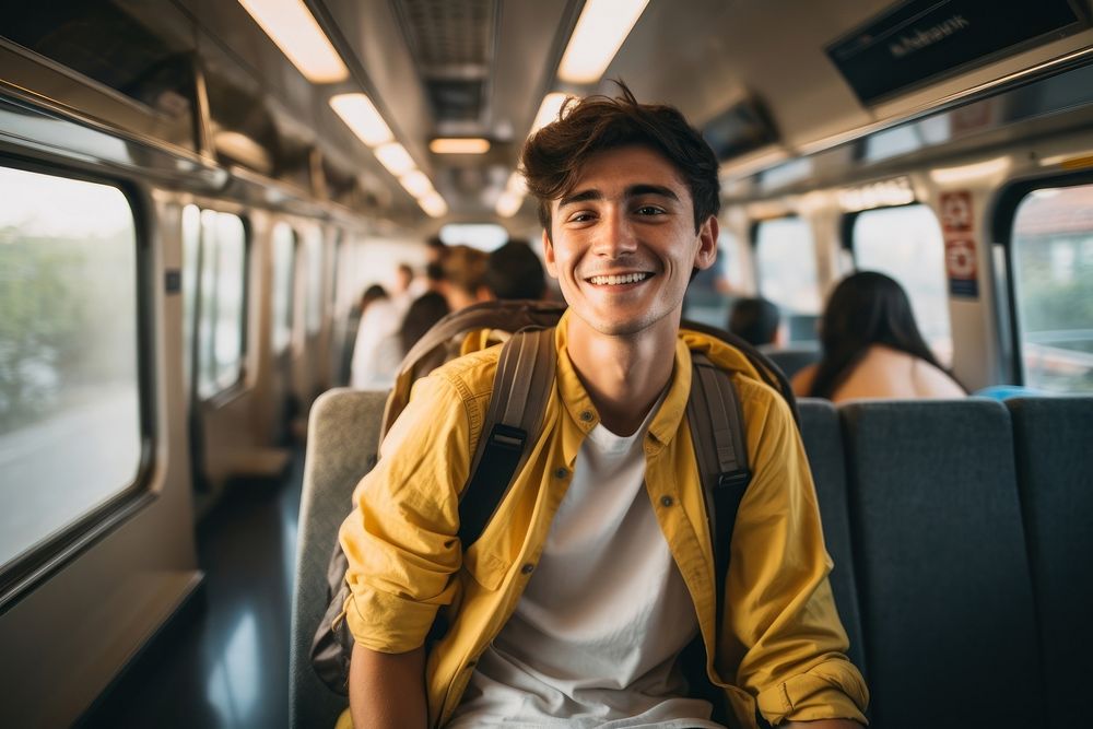 A young man traveling in Thailand on local trains vehicle adult smile.