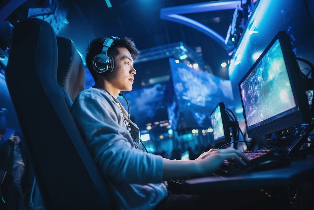 Young Asian gamer headphones looking screen.