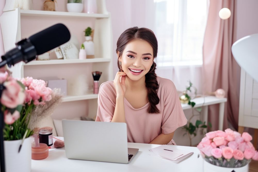 A young woman enjoying make up while recording video computer laptop portability.
