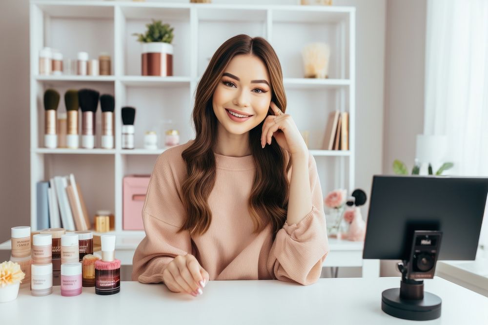 Young woman recording present cosmetic product cosmetics smile entrepreneur.