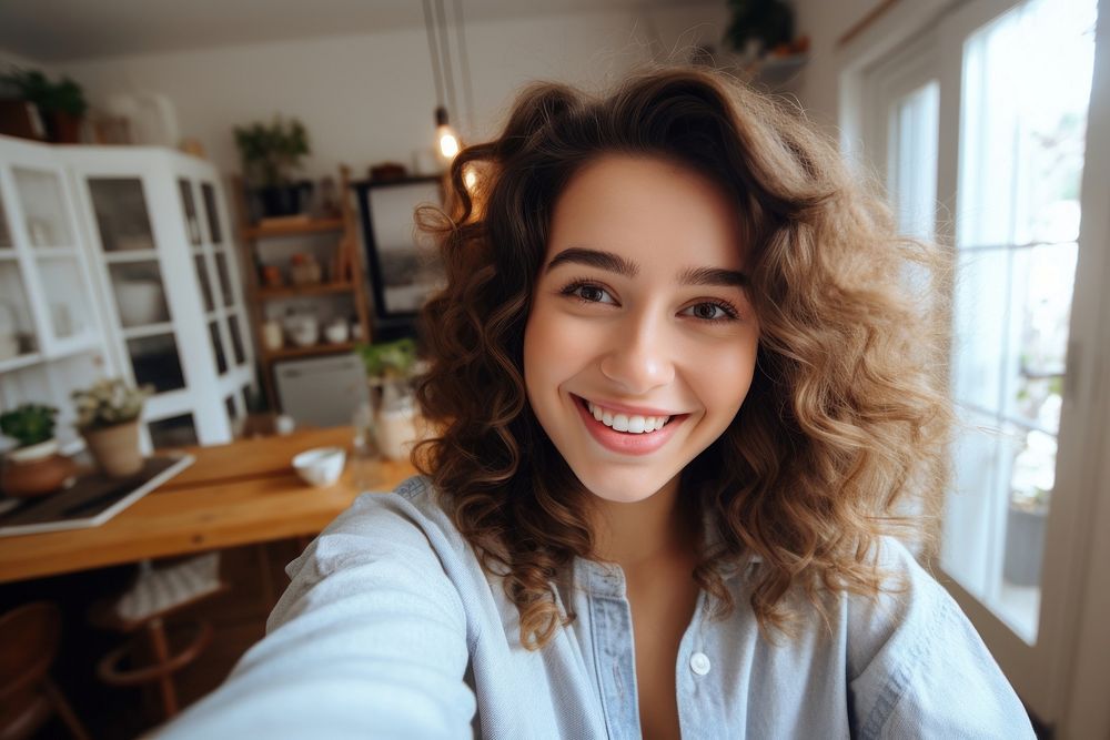 Young woman selfie gesture portrait adult smile.