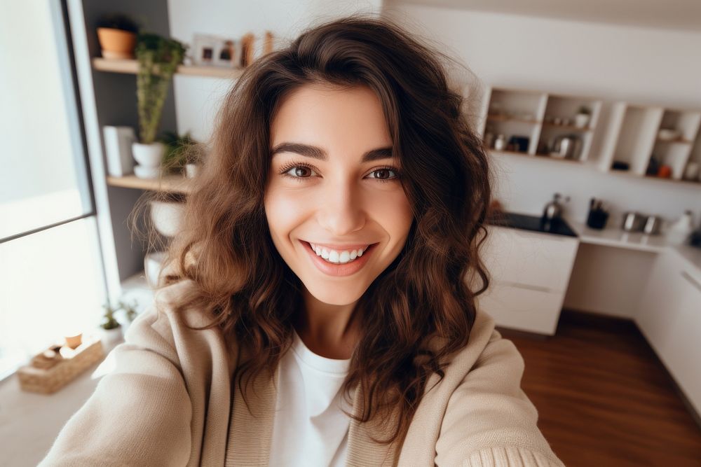 Young woman selfie gesture adult smile technology.