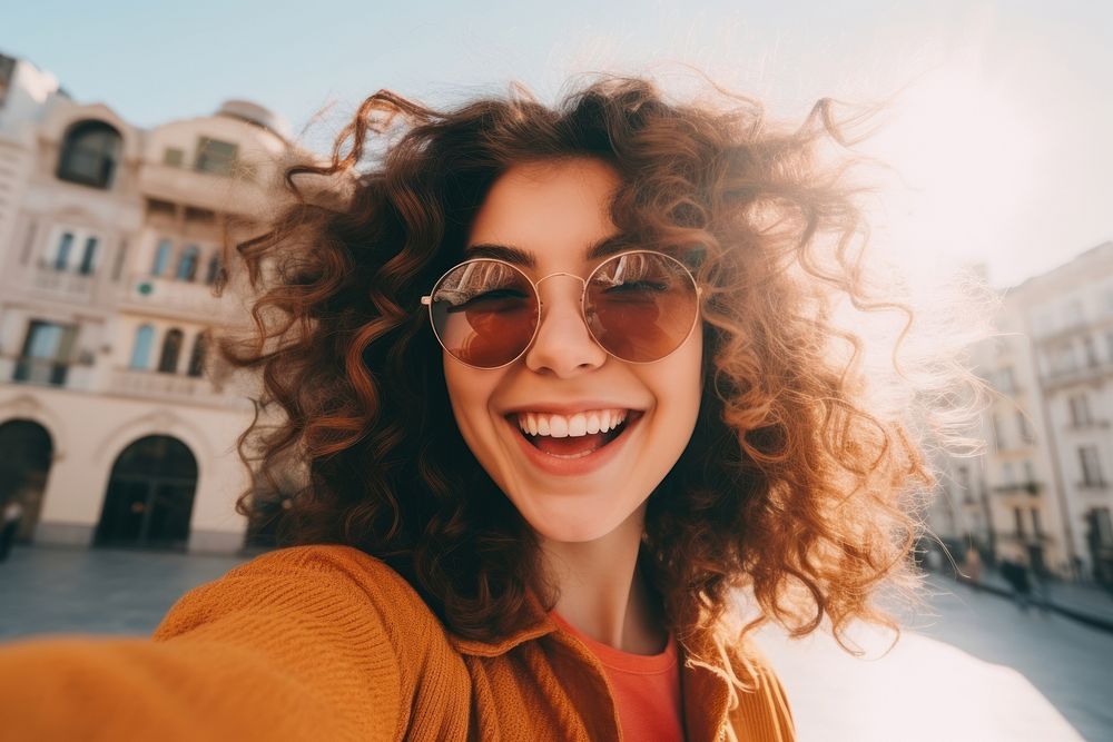 Young woman selfie gesture laughing adult smile.