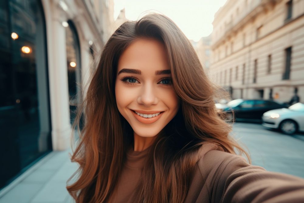 Young woman selfie gesture adult smile transportation.