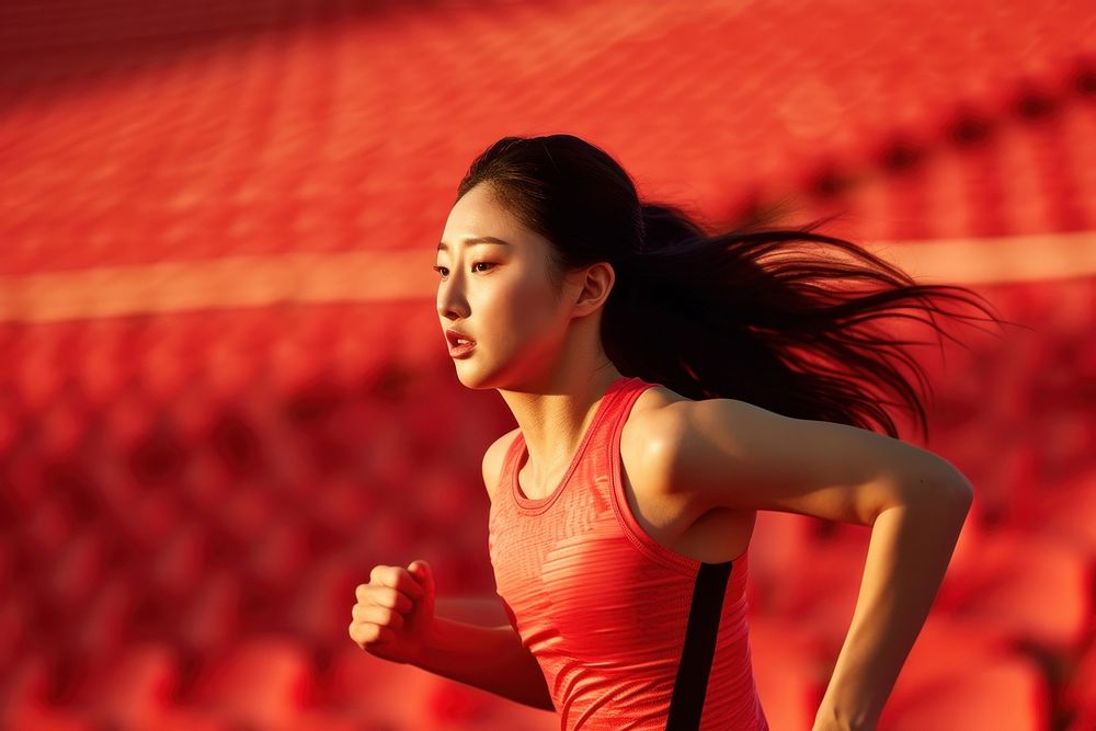 Asian american female athlete running adult red.