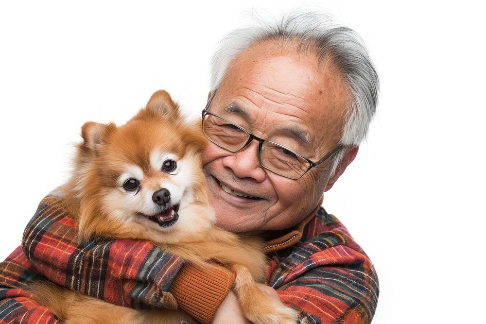 Elderly east asian man hugging pomeranian portrait glasses mammal.