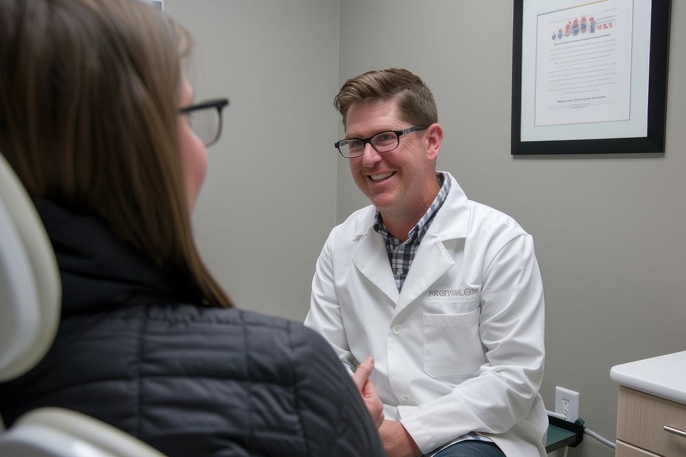 Photo of dentist patient glasses talking.