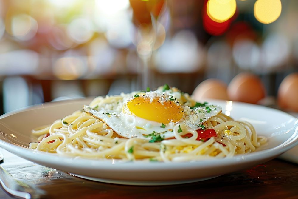 Pasta with fried egg and cheese plate spaghetti table.