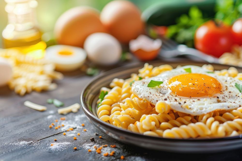 Pasta with fried egg and cheese vegetable plate food.