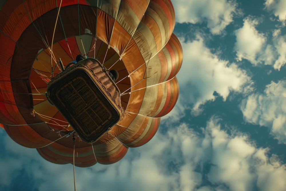 Hot air balloon and basket from below aircraft vehicle transportation.