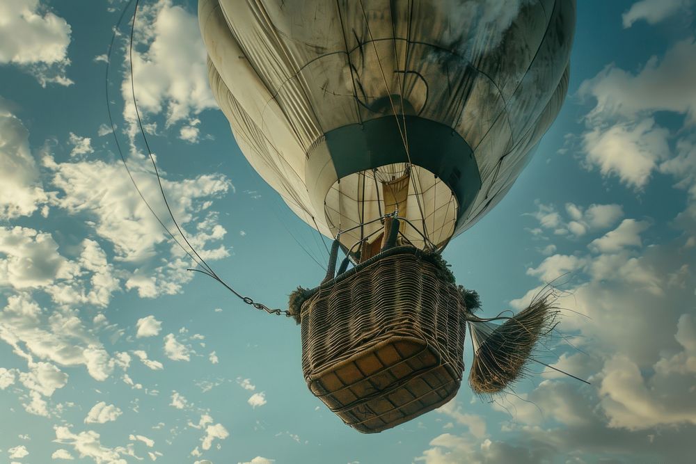 Hot air balloon and basket from below aircraft vehicle transportation.
