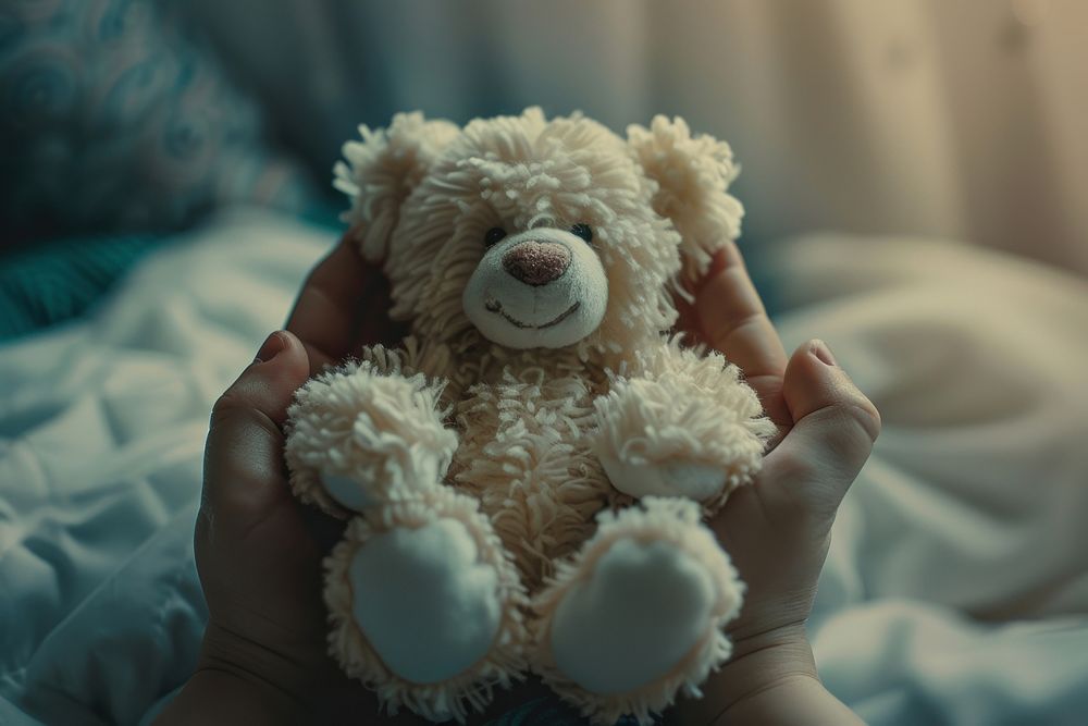 Person holding teddy bear toy representation softness.