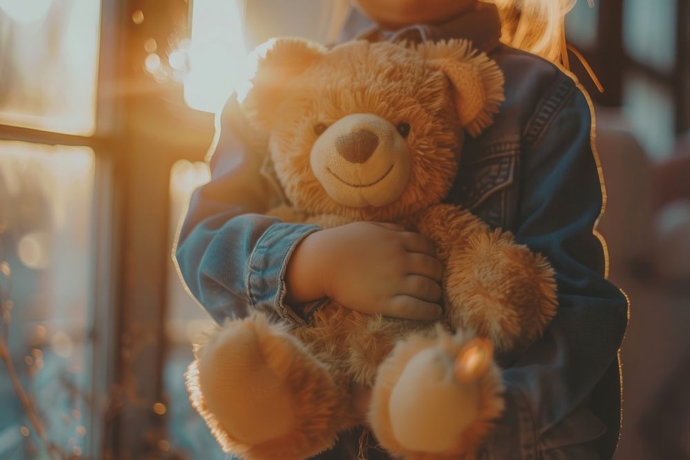Person holding teddy bear light toy representation.