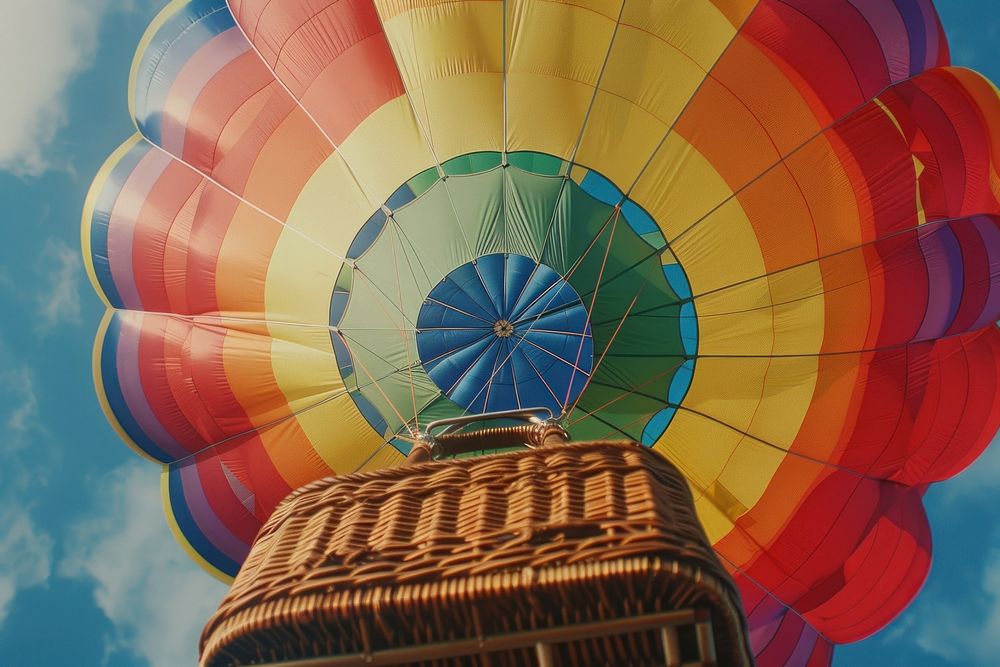 Rainbow-colored hot air balloon and basket from below aircraft vehicle transportation.