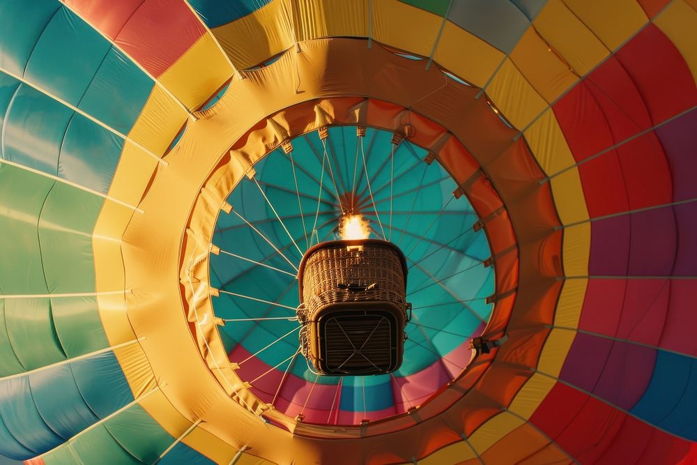 Rainbow-colored hot air balloon and basket from below aircraft vehicle light.
