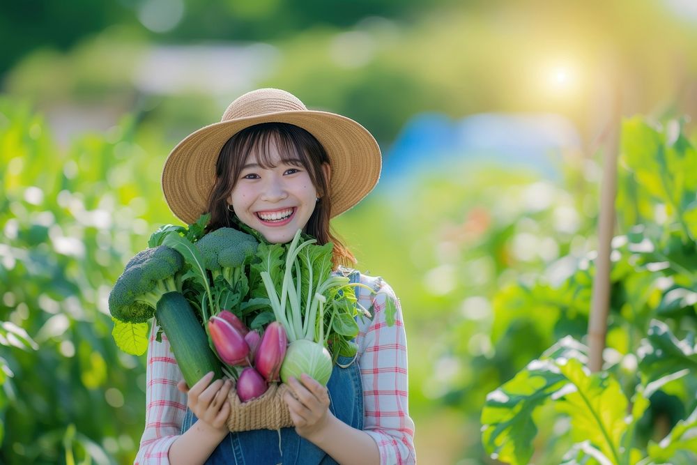 A happy japanese girl farmer holding vegetables organic smile plant.