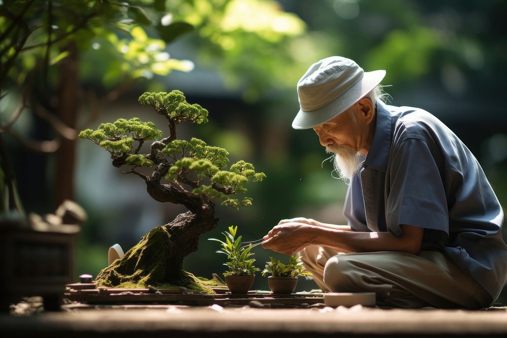Elderly japanese man trimming bonsai outdoors nature garden.