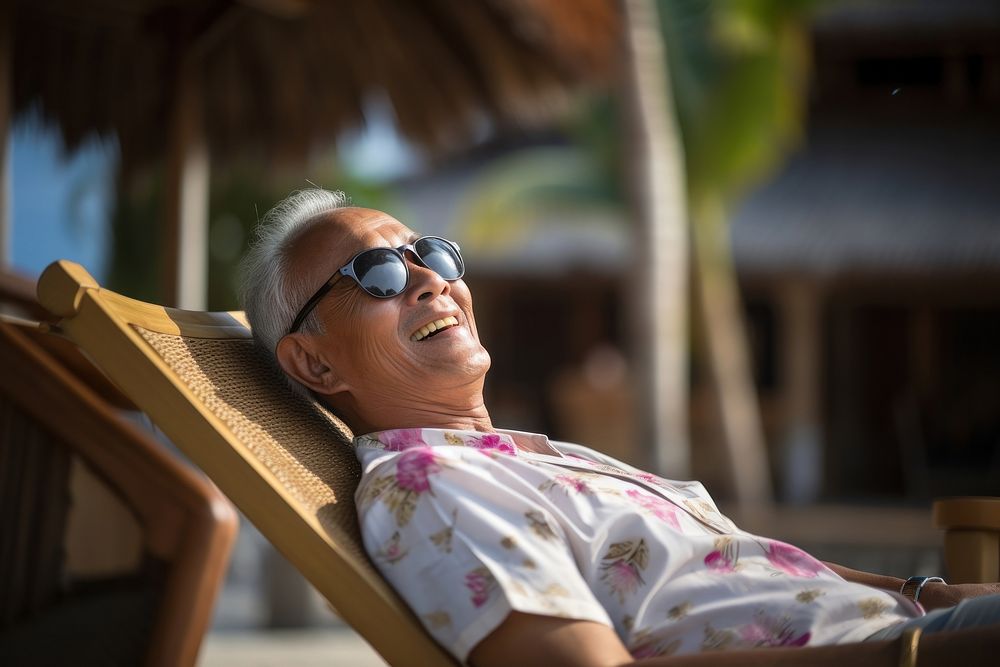 Elder thai man sunbathing furniture portrait.