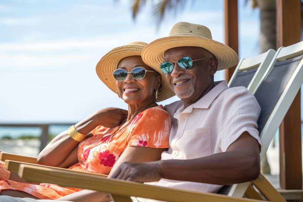 Elderly african american couple sunglasses portrait travel.