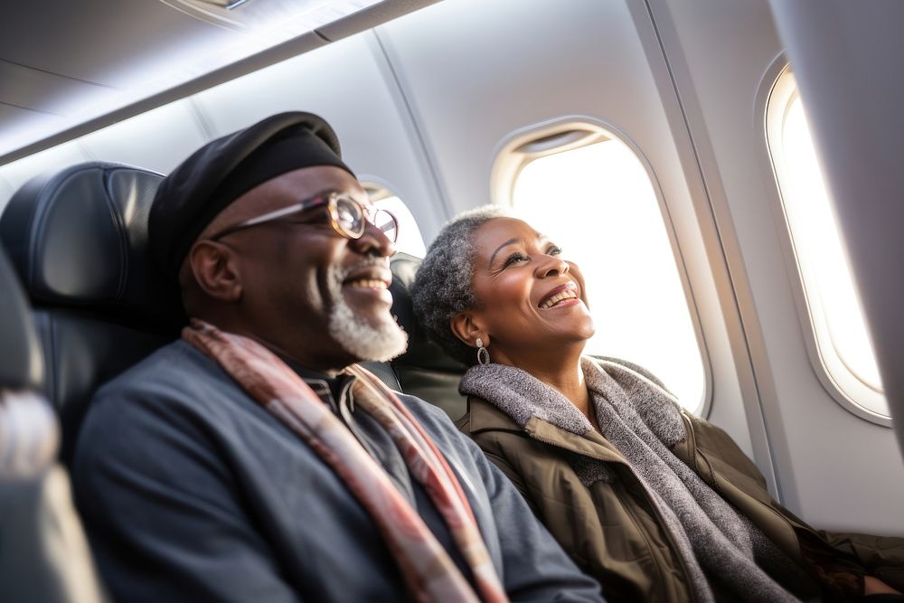 Eldery african american couple airplane vehicle travel.