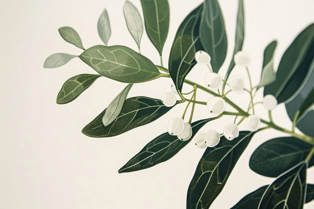 Risograph printing illustration of mistletoe flower plant leaf.
