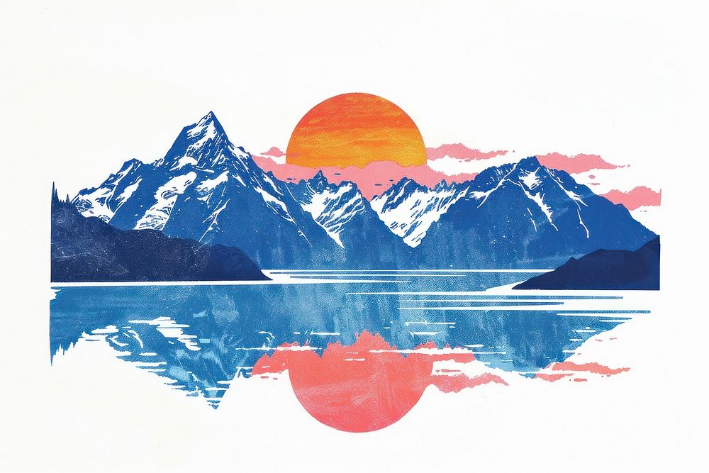 Risograph printing illustration of new zealand mountain painting outdoors.
