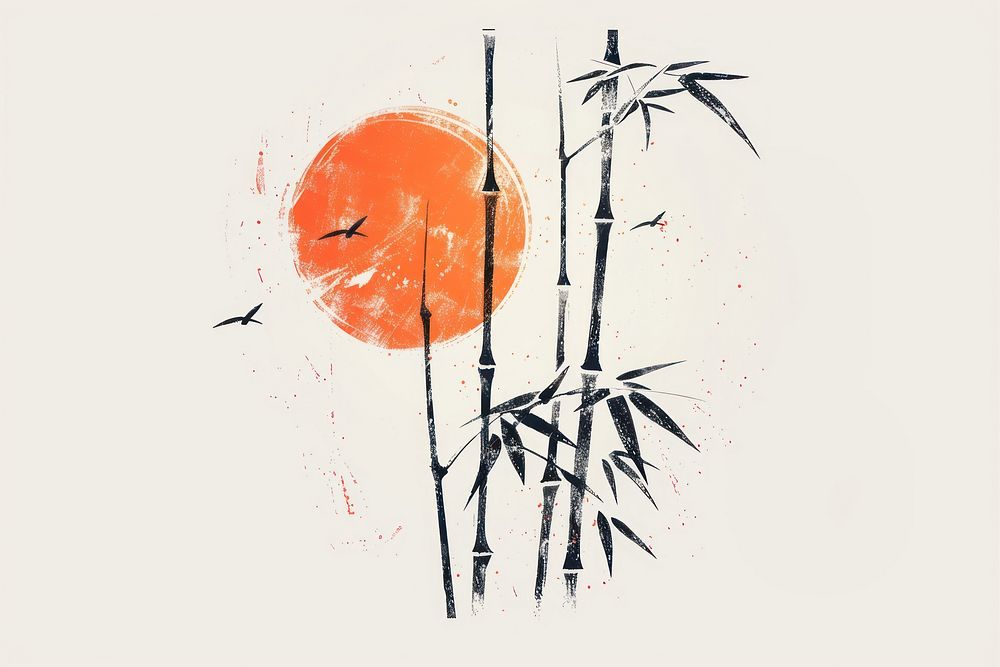 Risograph printing illustration of bamboo painting art creativity.