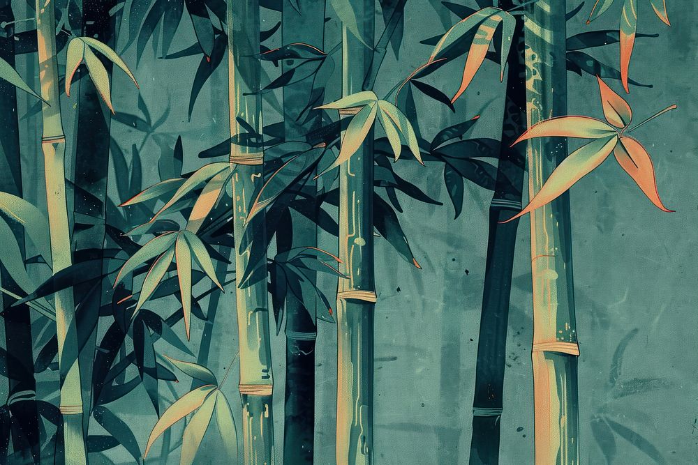 Risograph printing illustration of bamboo plant backgrounds outdoors.