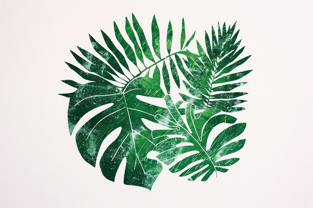 Risograph printing illustration of jungle plant leaf art.
