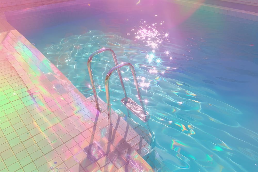 Swimming pool with ladder illuminated reflection refraction.