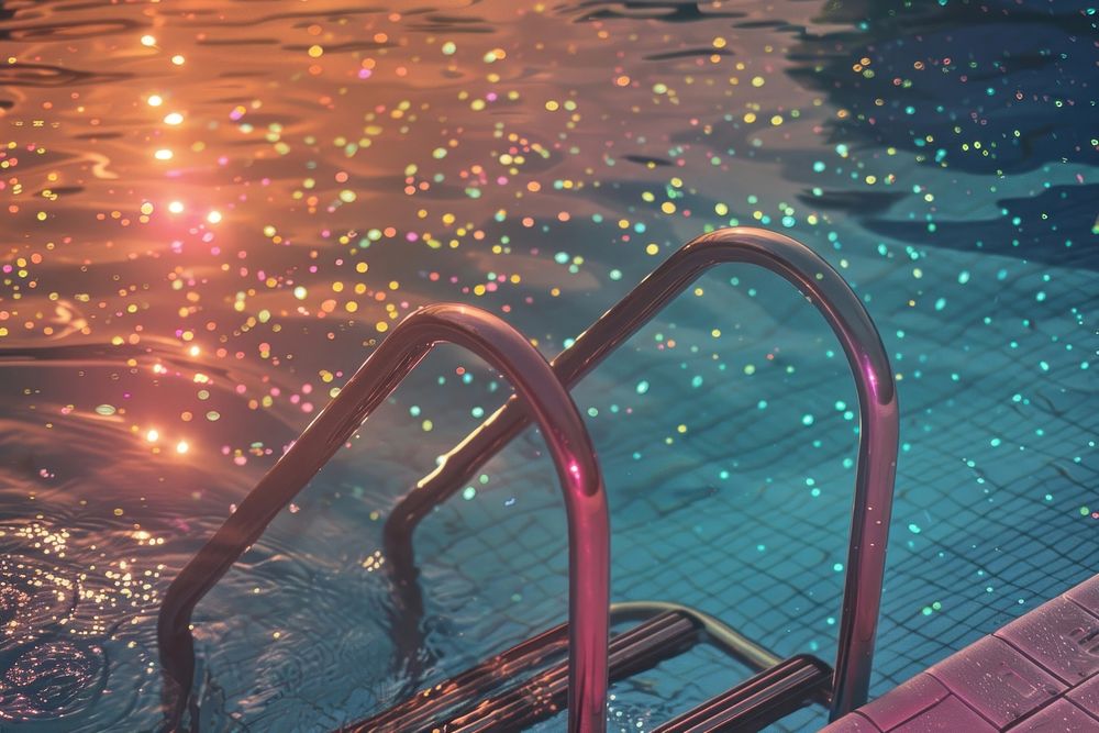 Swimming pool with ladder outdoors nature illuminated.