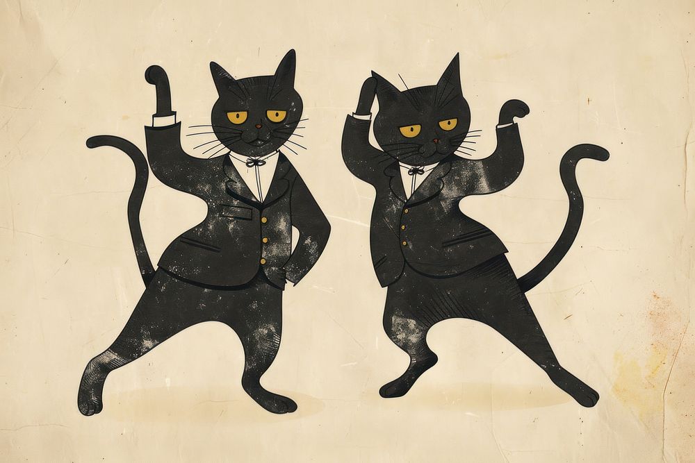 Vintage illustration of 2 black cat animal mammal pet.
