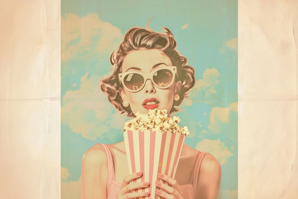 Vintage illustration of woman popcorn sunglasses representation.