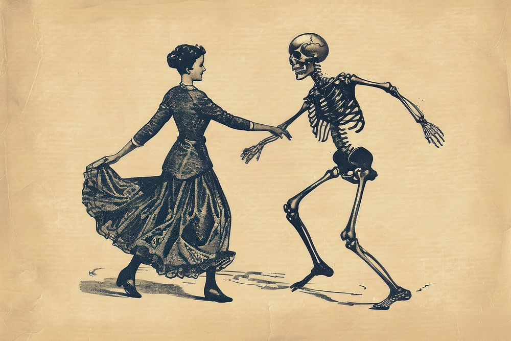 Vintage illustration of woman skeleton adult entertainment.