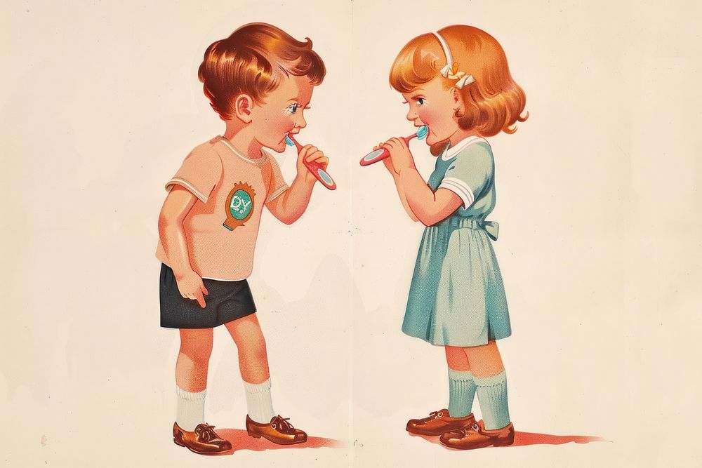 Vintage illustration of boy and girl child brush representation.