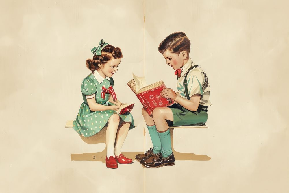 Vintage illustration of boy and girl reading paper book.