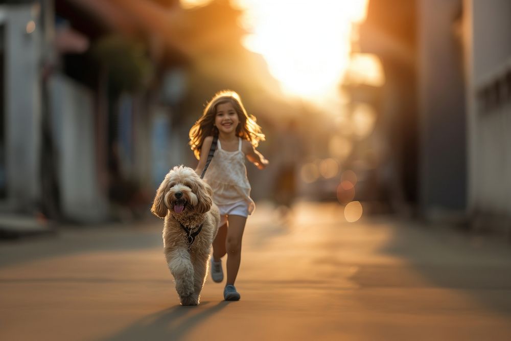 Girl walkin a dog smiling mammal animal.