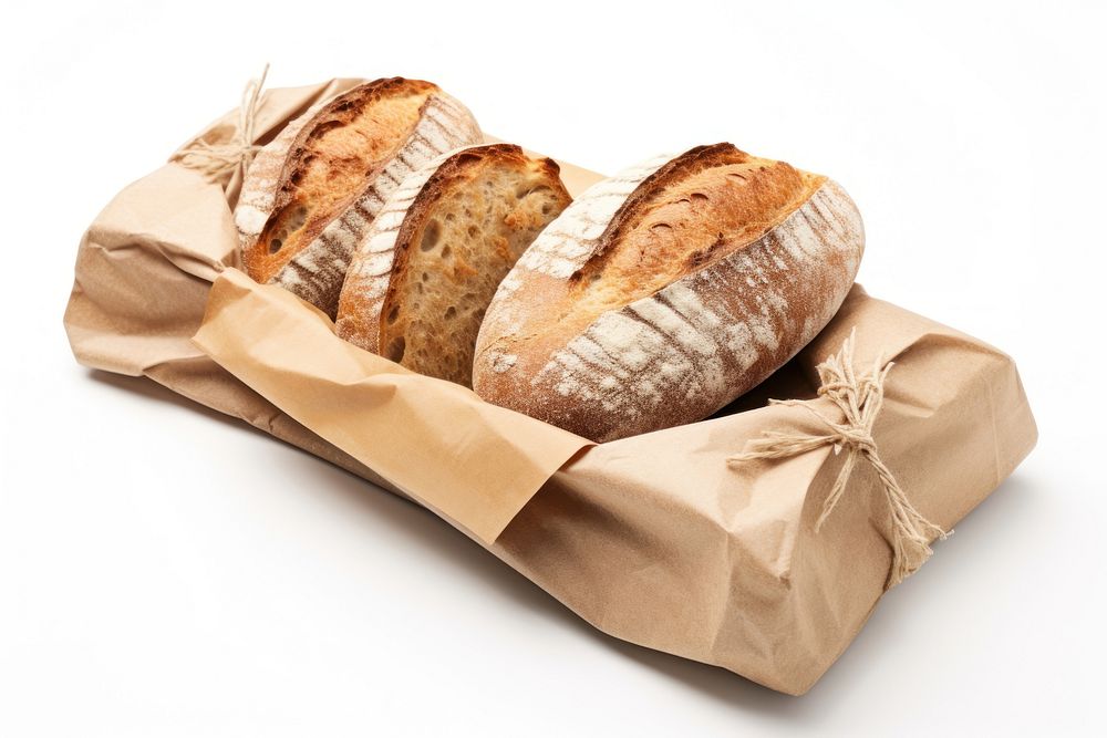 Bread paper bag mockup baguette food white background.