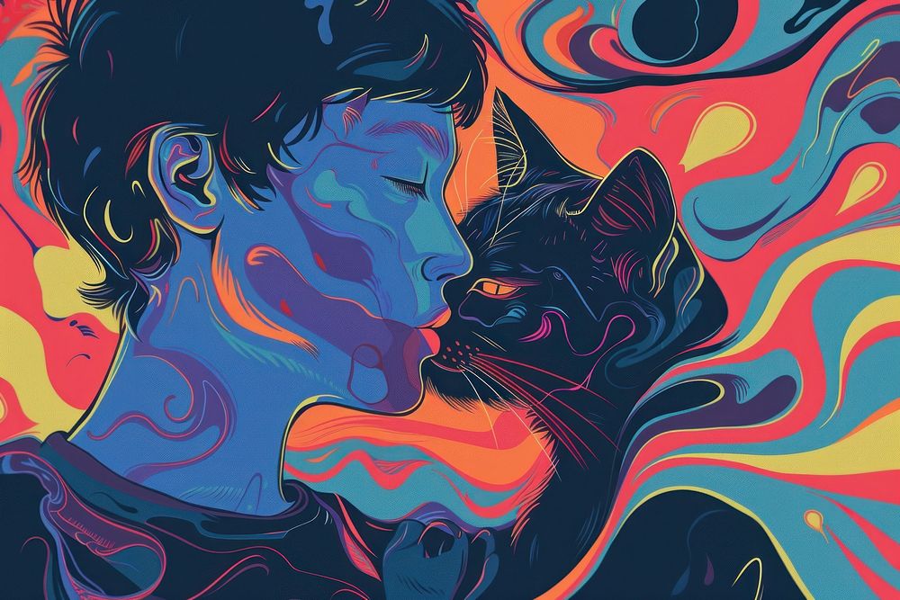 Boy kissing cat painting art graphics.