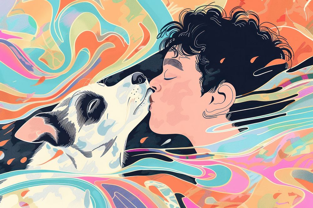 Boy kissing dog painting art graphics.