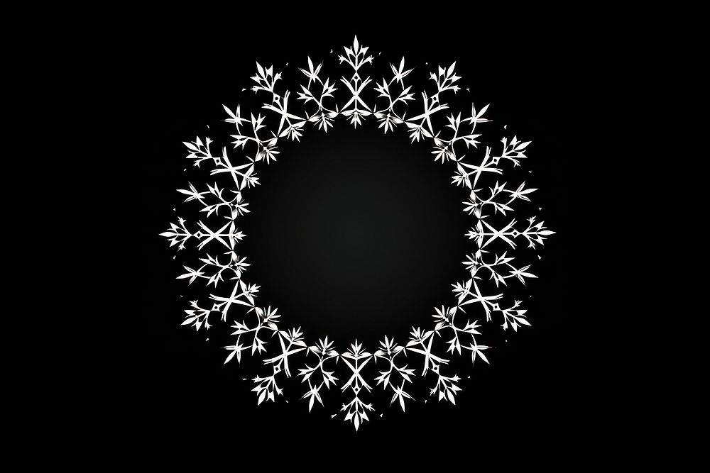 Circle frame snowflake pattern black white.