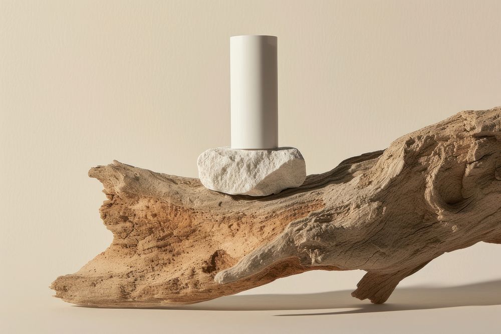 Skincare tube packaging wood rock sculpture.