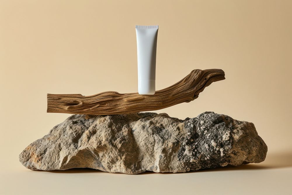 Skincare tube packaging wood driftwood rock.