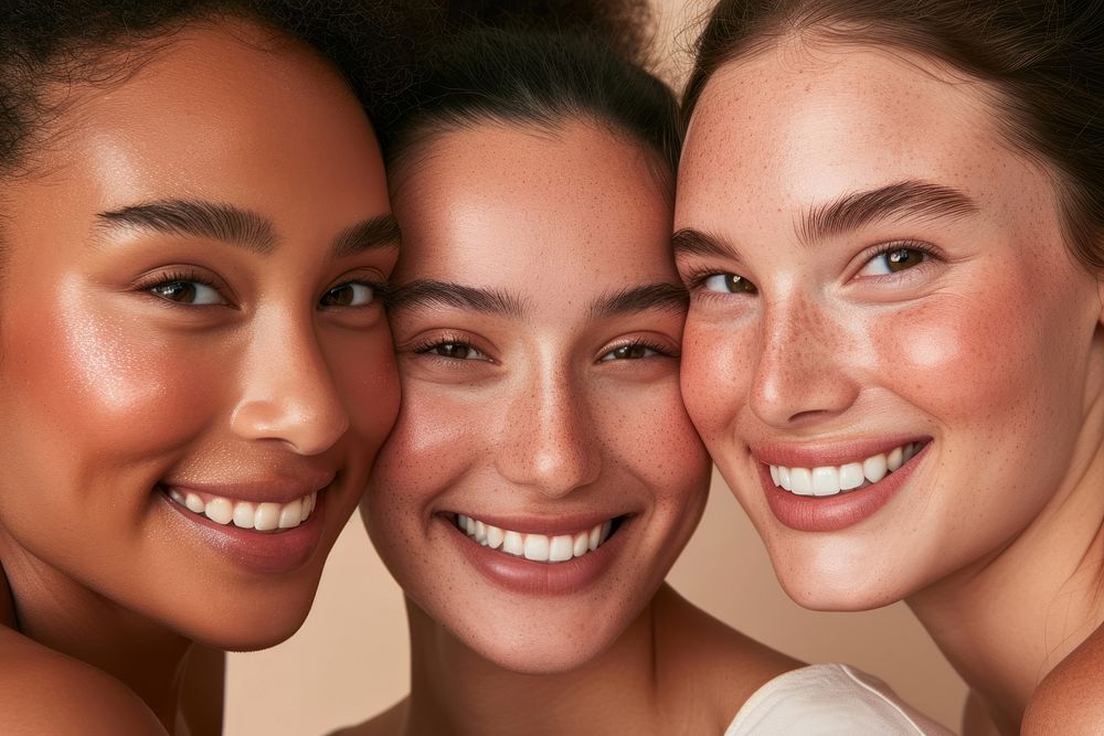 Diverse women face with no makeup laughing adult smile.