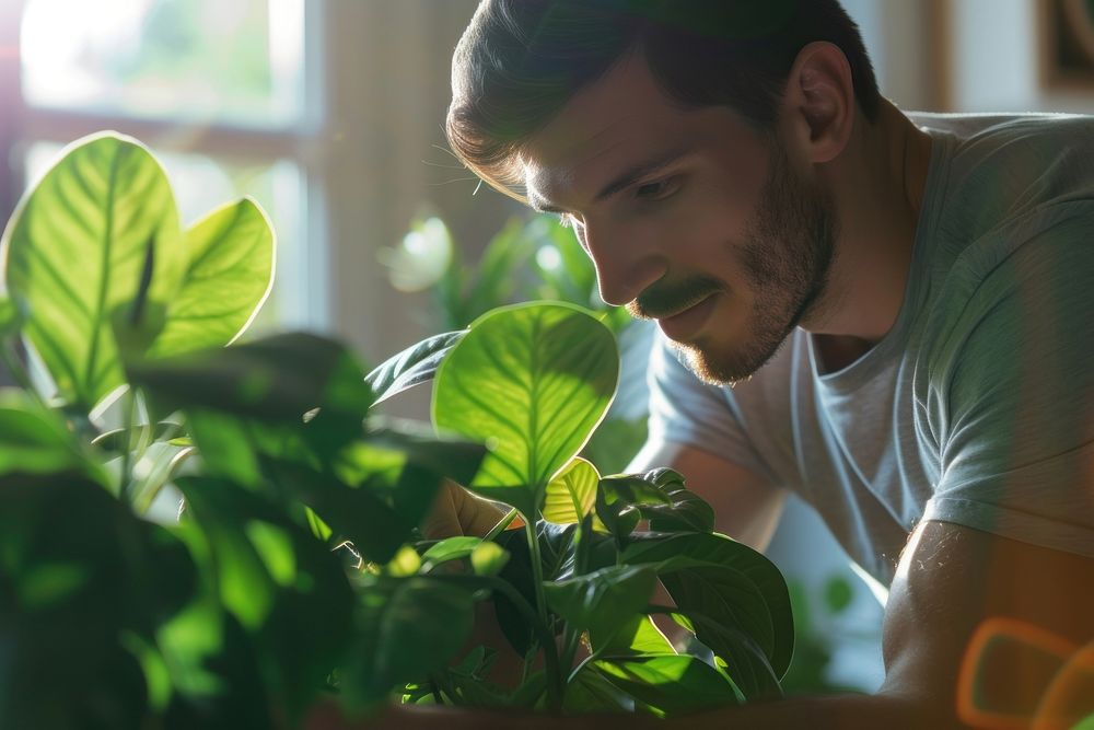 Man cleaning up the houseplant gardening nature adult.