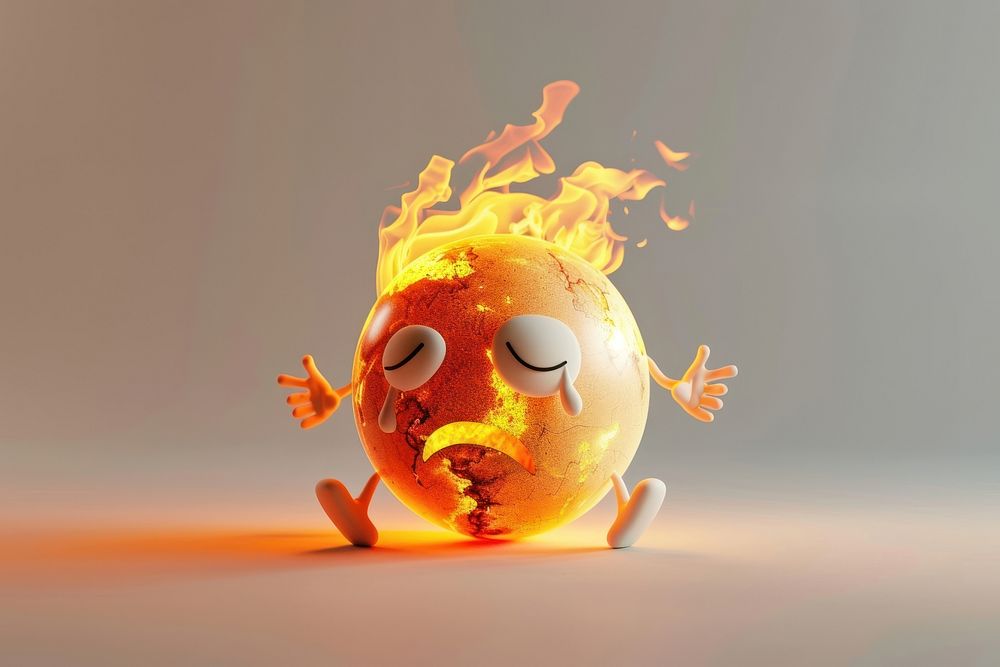 Sad earth burning character cartoon creativity festival.