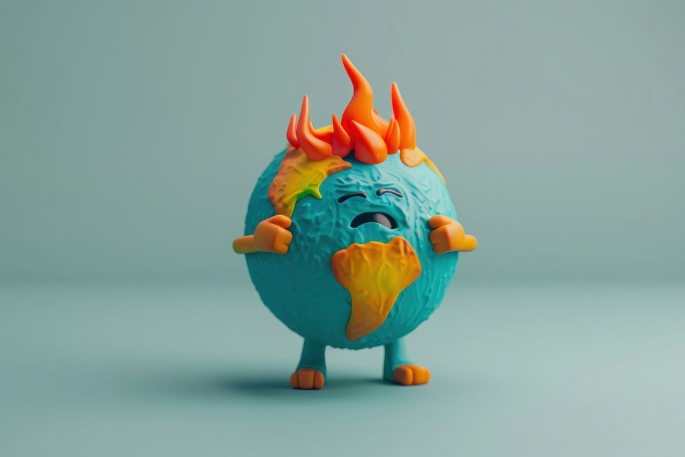 Sad earth burning character cartoon toy representation.