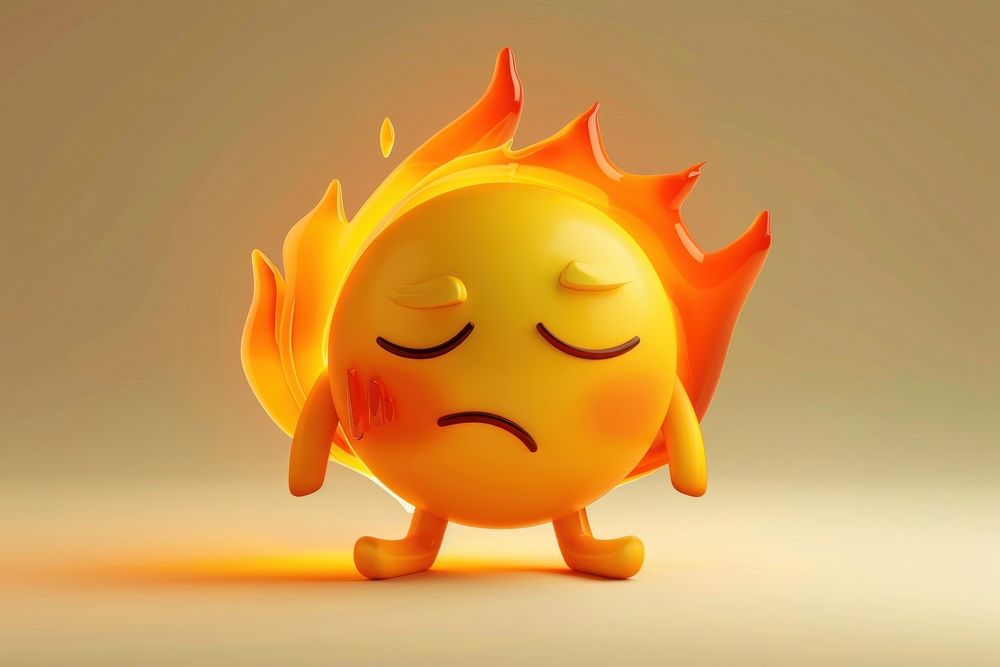 Sad global warming character burning cartoon fire.